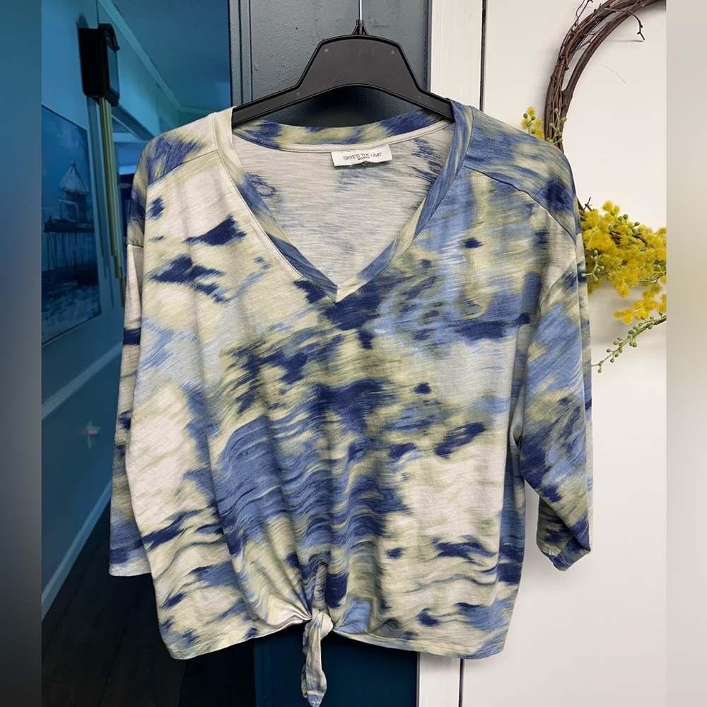 Skye's the Limit Tie-Front V-Neck Tunic in Blue and Olive